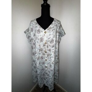 J. Jill Love Linen Blue Pin Tucked Detail Floral Button Down Linen Dress Size 2X
